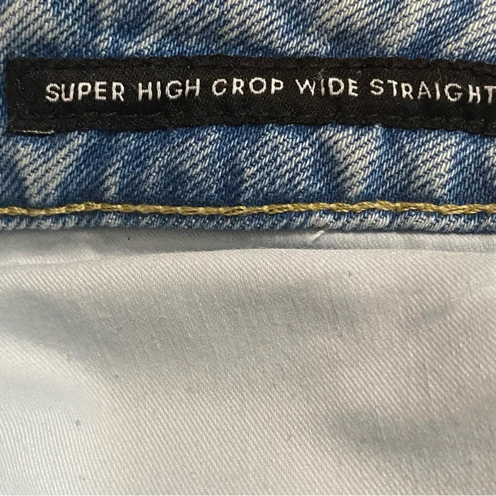 Blue Relaxed Fit Jeans with Distressed Details Super High Crop Wide Straight 12